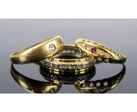 A Victorian 18ct Gold and Diamond Gypsy Ring (c. 2.2mm stone, size N.75, 2.7g, Chester 1894), antique ruby and rose cut diamo