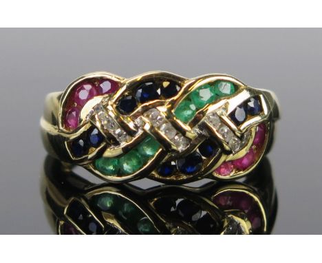 A 9ct Gold, Emerald, Ruby, Sapphire and Diamond Ring, 10mm wide head, .10ct diamonds, size Q, 4.3g 