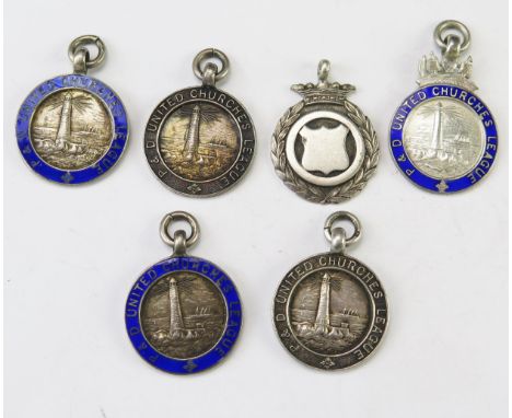 A collection of silver and enamel fob medallions, mostly P&amp;D United Churches League, total weight of silver 52gms, 1.68gm