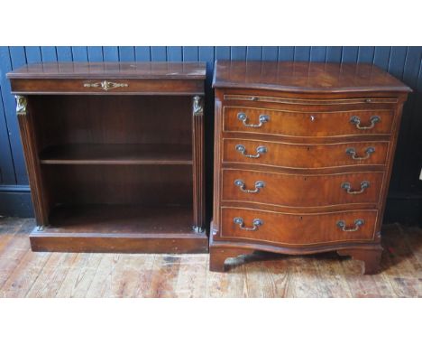 Probably Brights of Nettlebed reproduction mahogany and crossbanded chest of drawers of serpentine outline, containing a brus