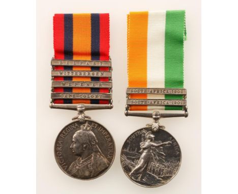 A PAIR OF QUEENS AND KINGS SOUTH AFRICA MEDALS, with clasps, Cape Colony, Wepener, Wittebergen, Belfast and South Africa 1901