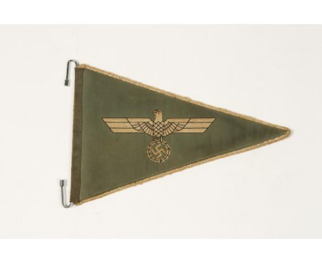A GERMAN ARMY COMMANDER'S STAFF CAR PENANT, with embroidered eagle and swastika on green ground, with chrome metal mounting h