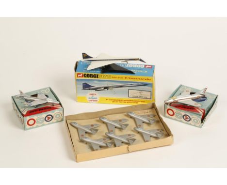 TWO TEKNO JET PLANES, Super Myste B1 and a Hawker Hunter. A Corgi Bac-Sud Concorde, number 650, and a set of six Solido plane