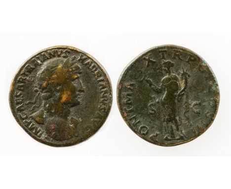 HADRIAN, 117-138AD. AE SESTERTIUS. Laureate draped bust right. Felicity on reverse holding cornucopia and caduceus. VF. (one 