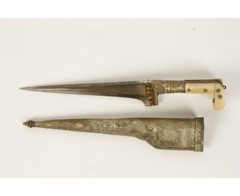 AN EARLY 20TH CENTURY INDIAN DAGGER with engraved and polychrome painted floral decoration, ivory grip and embossed white met