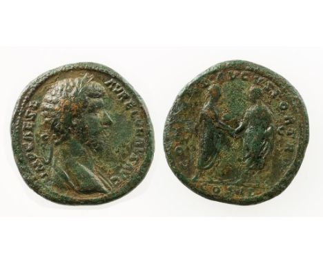 LUCIUS VERUS, 161-169AD. AE SESTERTIUS. Rome Mint. Bare headed and cuirassed bust right. Marcus Aurelius and Lucius Verus sta