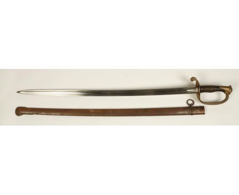 A 19TH CENTURY 1845 PATTERN FRENCH LIGHT INFANTRY SWORD with gilt brass hilt and horn grip, with steel scabbard