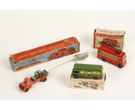 A BRIMTOY POCKETTOY MECHANICAL GREEN LIME BUS, 9/507, a Brim Toy trolley bus, and a Brimtoy pocket toy lorry and glider, 9/52