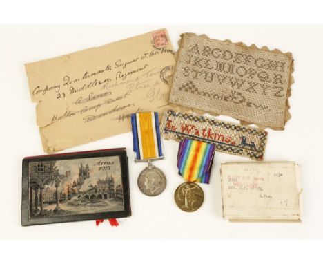 A PAIR OF FIRST WORLD WAR MEDALS comprising war and victory medals. PTE.W.J.BERRY.R.FUS. 5885. Two samplers and a silkwork pu