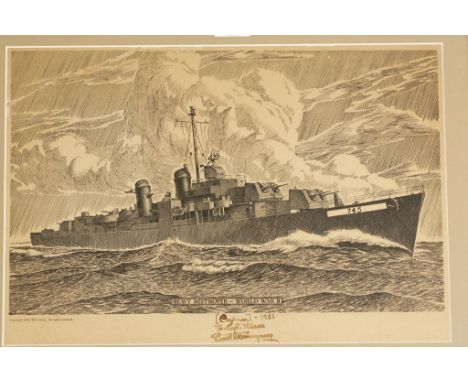 ERNEST HEMINGWAY, a mid-20th century engraving, by L. Hecking, 'Heavy Destroyer - World War II', 1944. Inscribed and signed i