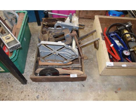 Mixed box of various hand tools to include tin snips, pipe clamps etc