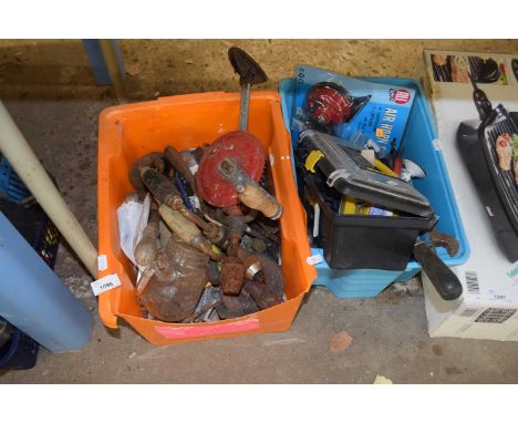 Mixed box of vintage hand tools together with one other