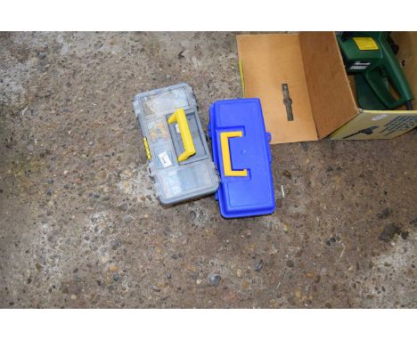 Two plastic tool boxes including contents