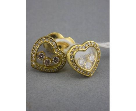 Chopard 18ct Gold Happy Diamond Stud Earrings, Heart Shaped Design, Each With 3 Floating Diamonds Surrounded By A Further Bor