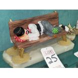 "WHISKERS ON BENCH", CLOWN ASLEEP ON BENCH ART SCULPTURE, SIZE: 17" X 9.5", MFG 1985, SIGNED BY