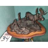 "HUNGRY", MOOSE WILDLIFE ART SCULPTURE, SOLID PEWTER MOUNTED ON A WOOD BASE, SIZE: 13.5" X 11.5" X