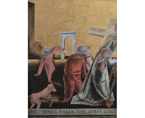 Patrick Pye RHA (1929-2018)The III Station of the Cross: Jesus Falls the First Time (c.1952)Gold leaf and watercolour, 71 x 5
