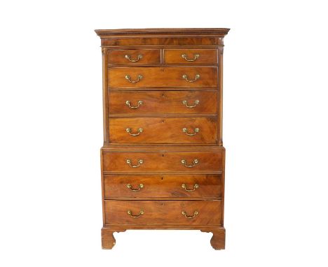 ♦ A George III Mahogany Straight-Front Chest on Chest, circa 1800, the dentil cornice above a plain frieze with two short ove