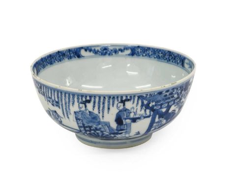 A Chinese Porcelain Bowl, probably Kangxi period, painted in underglaze blue with figures on horseback and in a chariot, pain