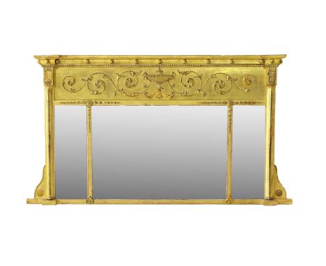 ♦ A Victorian Gilt and Gesso Breakfront Overmantel Mirror, 2nd half 19th century, in Regency style, the ball surmounted corni