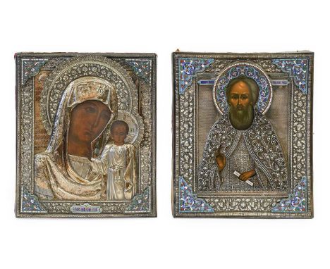 ^ Russian School (late 19th/early 20th century): The Virgin of Kazan and St Sergius of Radonezh, each within silver and ename