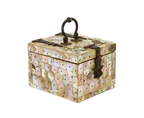 An Indo-Portuguese Mother-of-Pearl Casket, Gujarat, probably 17th/18th century, the cover with strapwork hinges and hasp11.5c