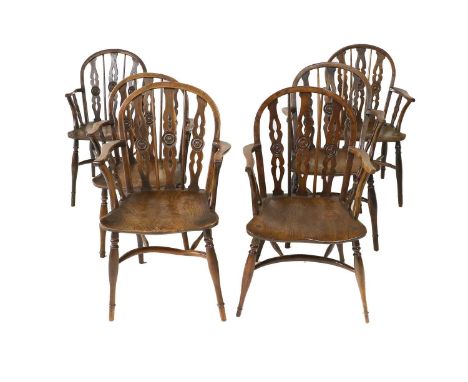 A Harlequin Set of Six Thames Valley Yewwood Windsor Armchairs, probably Prior Family, Middlesex, 2nd quarter 19th century, t