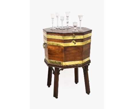 A George III Chippendale Period Mahogany and Brass-Bound Octagonal Wine Cooler, 3rd quarter 18th century, the hinged lid encl