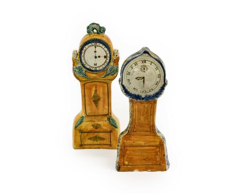 ^ A Prattware Model of a Longcase Clock, date 1794, with dolphin finial above the impressed date 1794 and circular dial with 