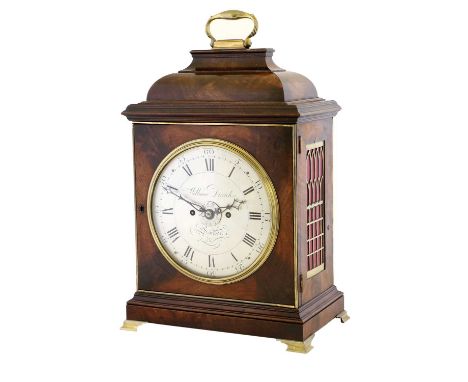 A Mahogany Striking Alarm Table Clock, signed William Dirrick, London, circa 1790, inverted bell top pediment with brass carr