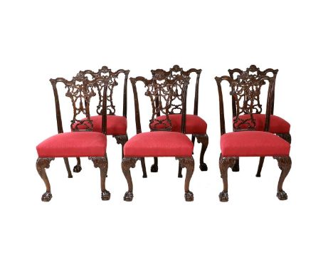 A Set of Six George III Chippendale-Style Dining Chairs, late 19th/early 20th century, of substantial form, recovered in flor