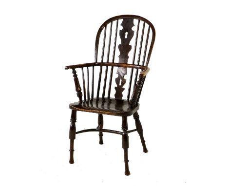 A Mid 19th Century Yew and Ash High-Back Windsor Armchair, the double splat spindle back support above turned armrests, the m