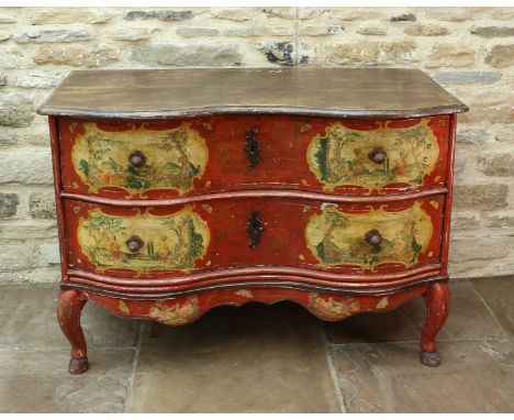 An 18th Century Continental Red and Polychrome-Painted Serpentine Commode, with two pine-lined drawers decorated with figures