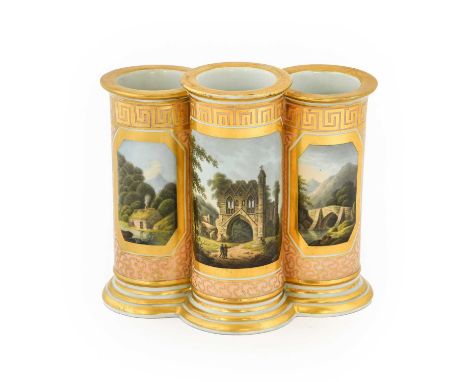 A Barr, Flight &amp; Barr Worcester Porcelain Triple Spill Vase, circa 1810, as conjoined cylindrical vases, painted with a n