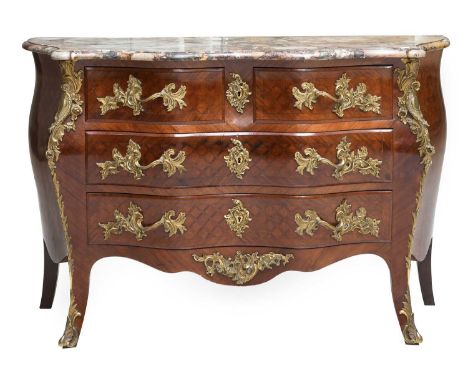 A Louis XV-Style Kingwood and Parquetry-Decorated Bombé-Shape Commode, late 19th century, the original violete Breccia marble
