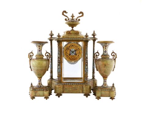 A Green Onyx and Champleve Enamel Striking Mantel Clock with Garniture, retailed by Gibson &amp; Co Ltd, Belfast, circa 1890,