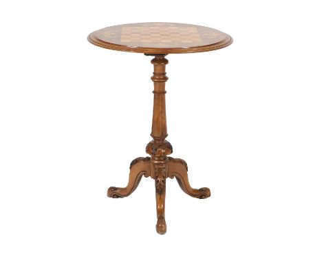 ~ A Victorian Figured Walnut and Marquetry-Inlaid Chess-Top Tripod Table, circa 1870, the moulded top inlaid with acanthus C 