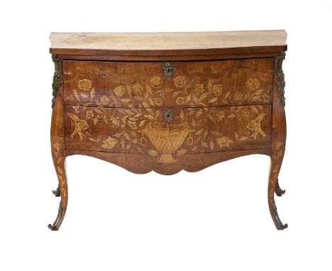 A 19th Century Dutch Mahogany and Marquetry-Inlaid Bombé Commode, inlaid with baskets issuing leaves and flowers, with two oa