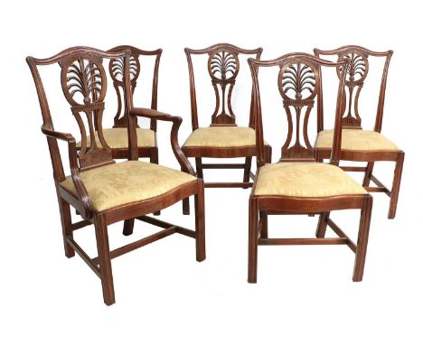 A Set of Five (4+1) George III Carved Mahogany Dining Chairs, late 18th century, recovered in gold silk damask, the moulded t