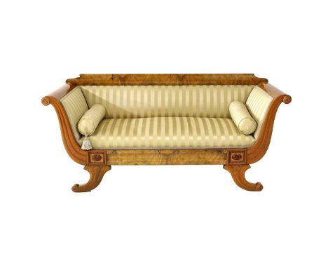 ~ A Late 19th Century Biedermeier-Style Walnut-Framed Two-Seater Sofa, recovered in gold striped silk, with padded back suppo