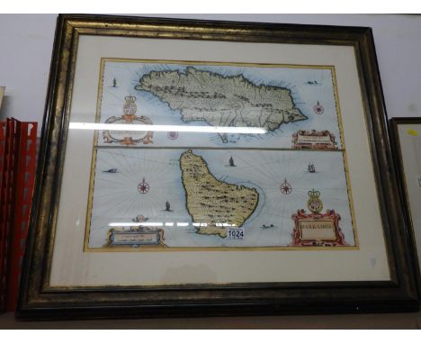 Framed Hand Tinted Map of Jamaica and Barbados Sold By T Basset in Fleet Street &amp; R Chiswell in St Paul's Churchyard 