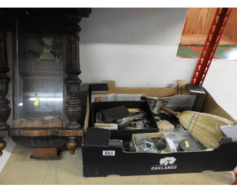 Box of Watch and Clock Making Tools and Vintage Wall Clock Case 