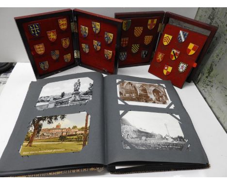 2x Cased Badge Sets - Kings and Queens of Britain and Vintage Postcard Album 