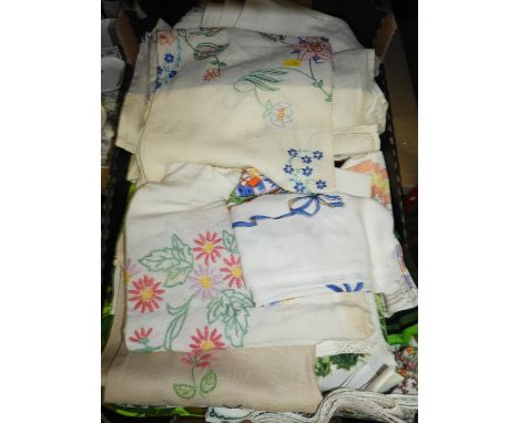 Box of Vintage Linen and Embroideries 