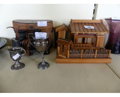A bamboo model of a Chinese house, pair of vintage military Bausch Lomb binoculars, two silver-plated trophies 