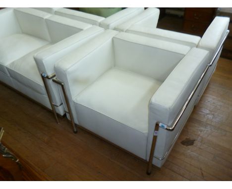 A modern Le Corbusier white single chair with chrome frame.AUCTIONEERS NOTE: THIS ITEM IS BRAND NEW AND LEATHER