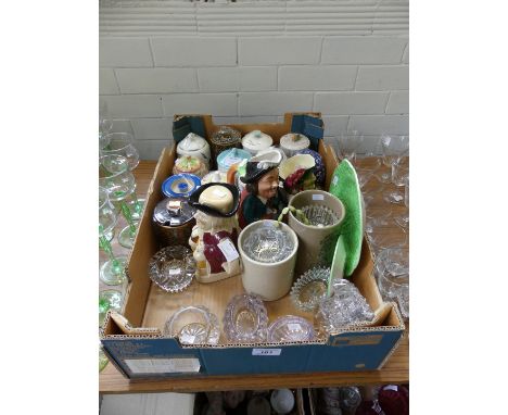 A collection of assorted ceramics and glass to include preserve jars Poole pottery example, character jugs, etc 