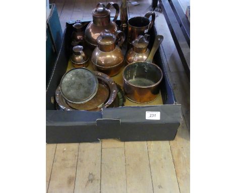 A small collection of assorted copperware to include pan, tankards, etc, also a brass teapot stand.