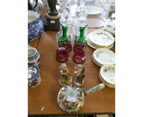 A continental porcelain lidded owl, two Goebel Hummel figures, four glass decanters and a pair of Victorian green glass jugs,