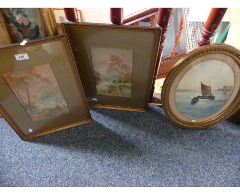R. Macufey pair of watercolours depicting landscape scenes together with a further watercolour depicting a sailing vessel.